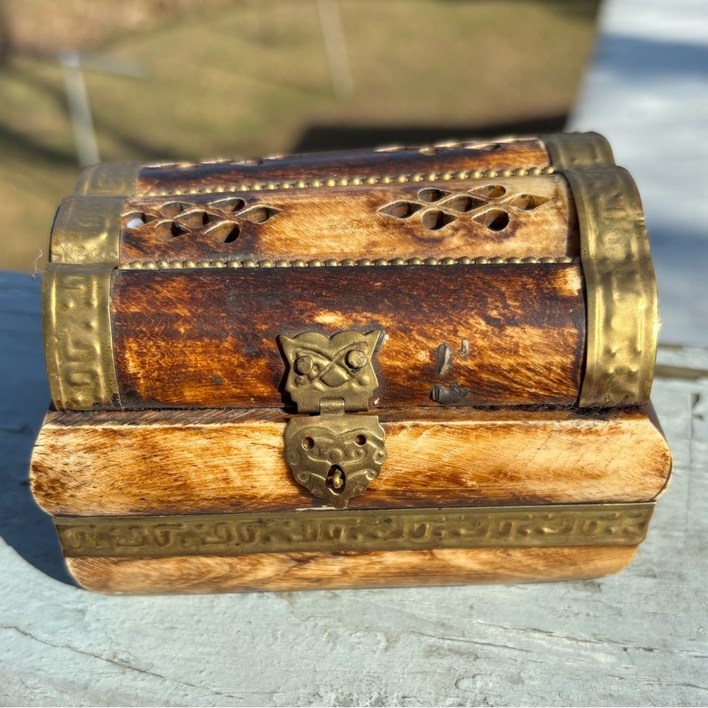 Vintage Camel Bone and Brass Trinket Jewelry Box Owl Clasps Handmade